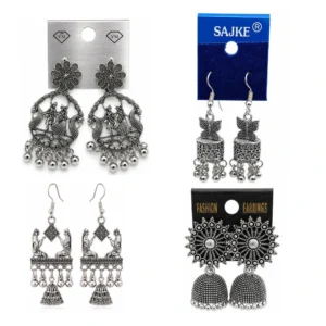 Radha Krishna oxidised silver peacock floral jhumka earrings