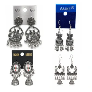 Radha Krishna oxidised silver peacock floral jhumka earrings