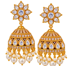 Elegant gold jhumka earrings with white pearl drops and crystal stones