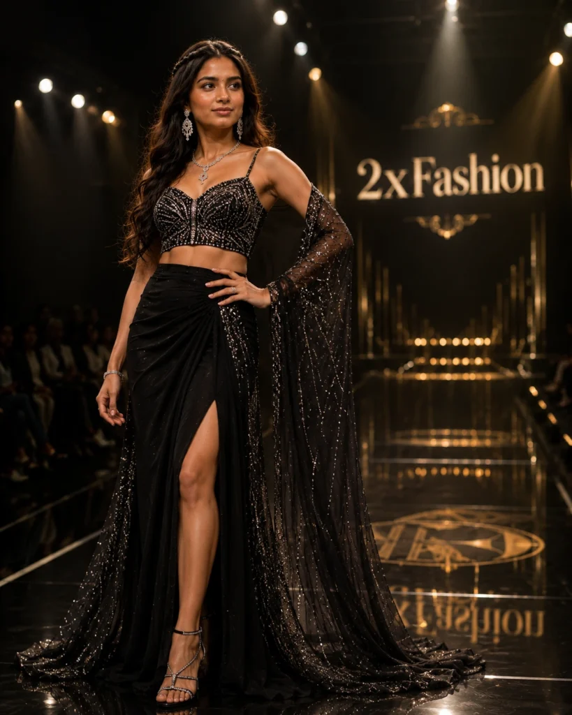 Fashion model in black embellished outfit and jewellery posing on a runway
