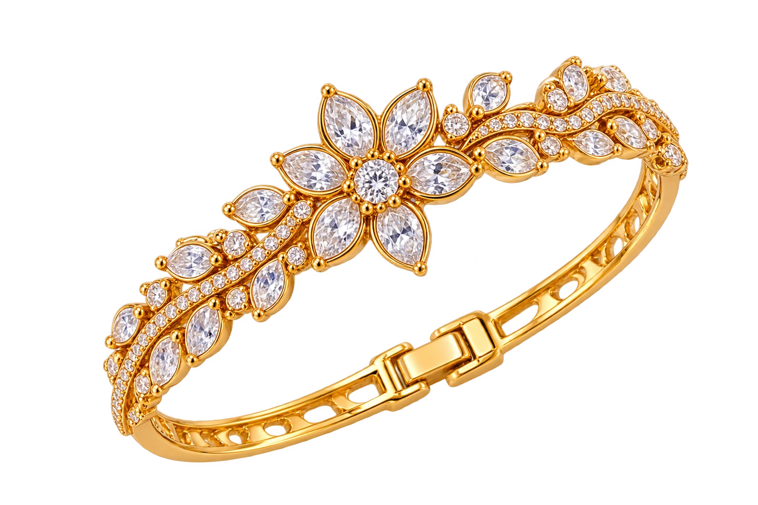 Elegant gold bangle with floral design and sparkling crystal stones