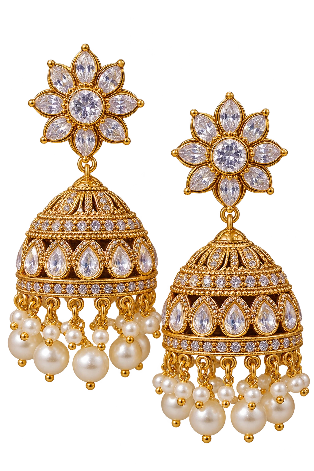 Elegant gold jhumka earrings with white pearl drops and crystal stones
