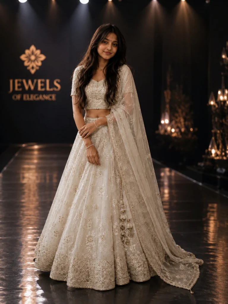 Woman in elegant ivory embroidered lehenga walking on a dark jewelry fashion show runway