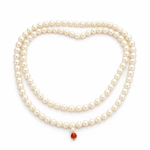 Pearl Moti Mala – Double-Strand Cream Pearl Necklace with Red Pendant