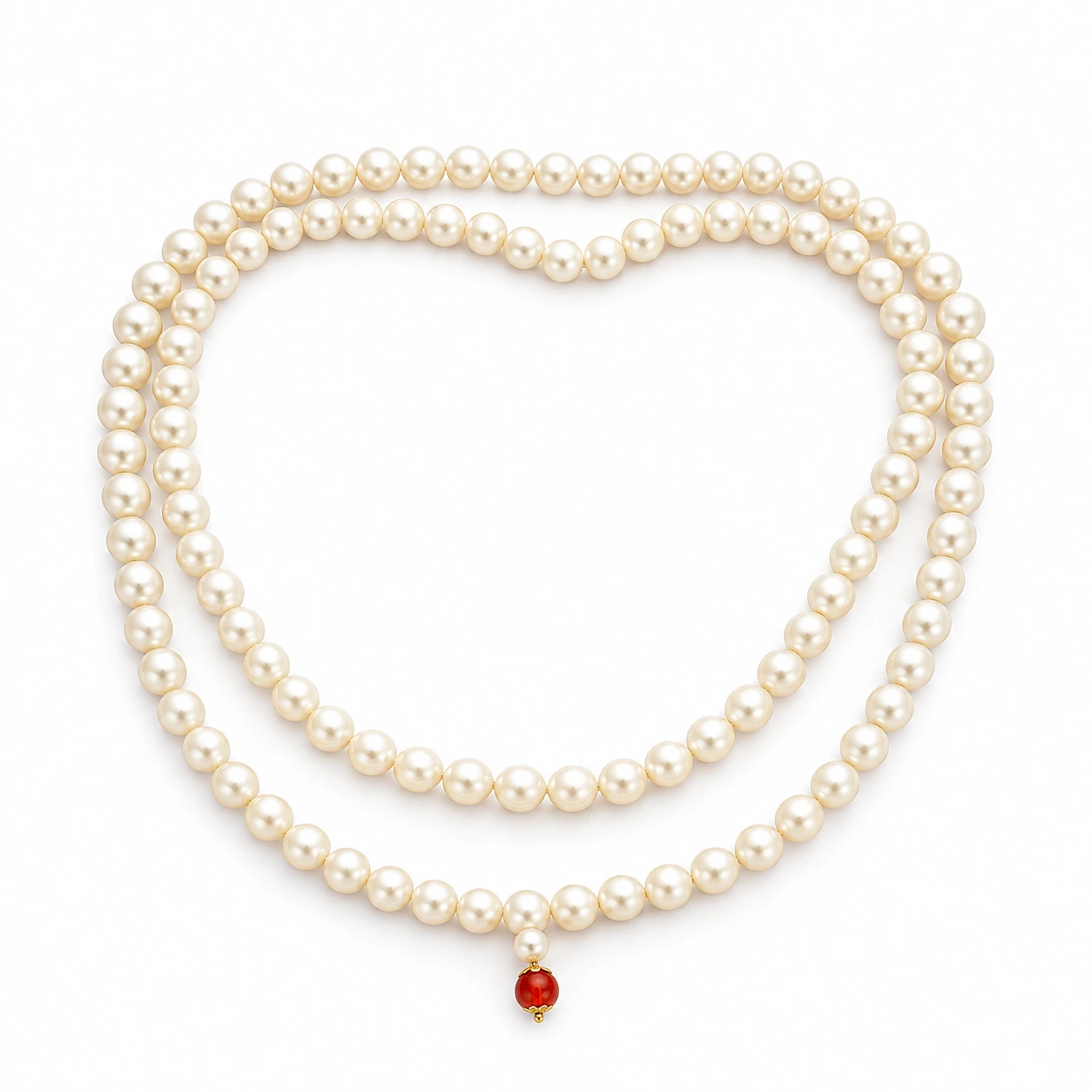 Pearl Moti Mala – Double-Strand Cream Pearl Necklace with Red Pendant