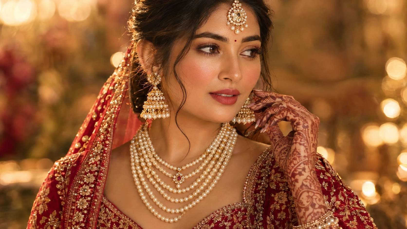 Alt Text: Indian bride wearing a layered pearl moti mala, matching maang tikka and pearl jhumka earrings, with intricate mehendi and a red-gold bridal lehenga.
