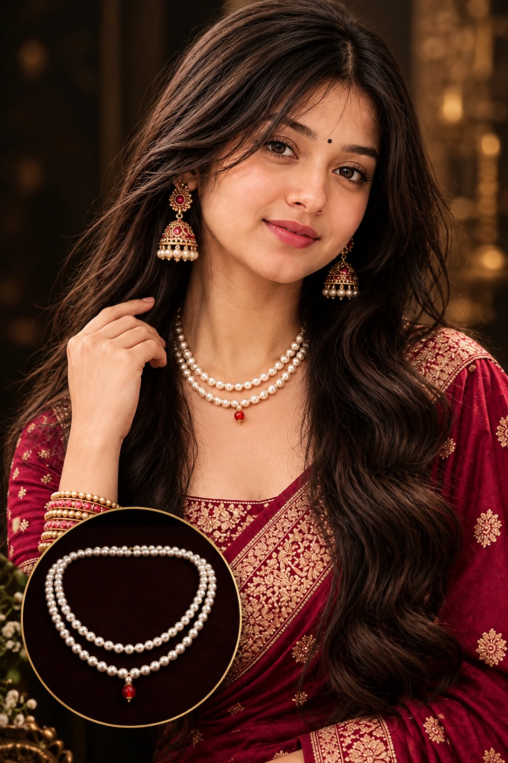 Single-line pearl mala with red pendant styled with a maroon saree