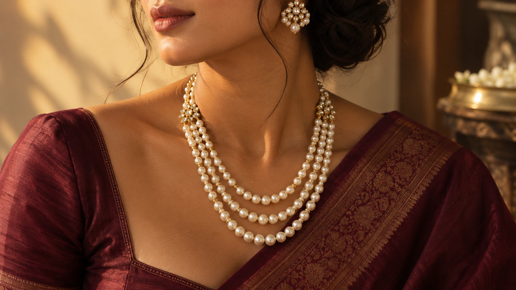 Indian woman wearing layered pearl moti mala necklace with maroon silk saree