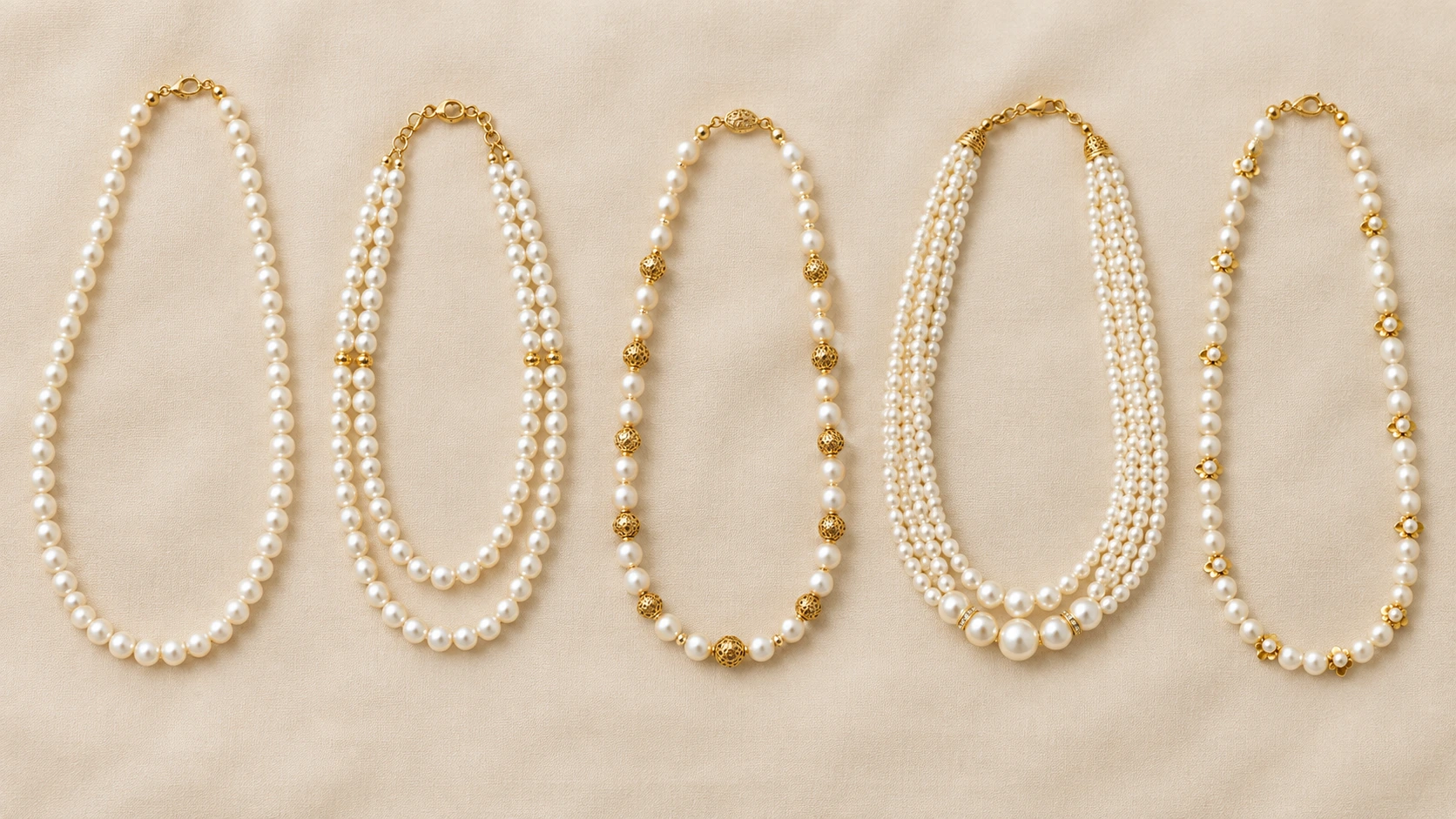 5 pearl moti mala necklaces in different styles on beige fabric