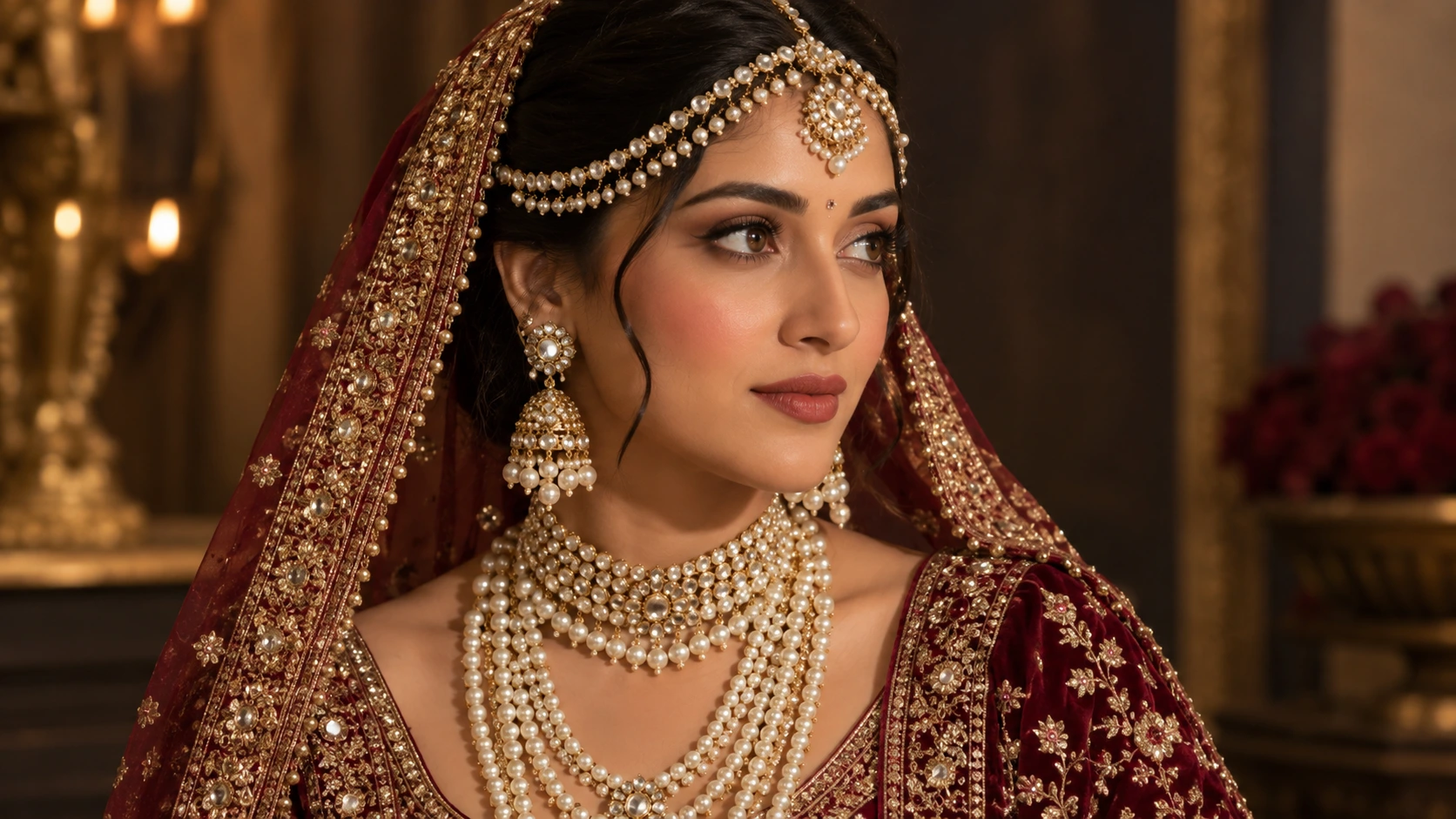 Indian bride wearing a maroon and gold bridal lehenga with multi-layered pearl moti mala, matha patti and pearl earrings