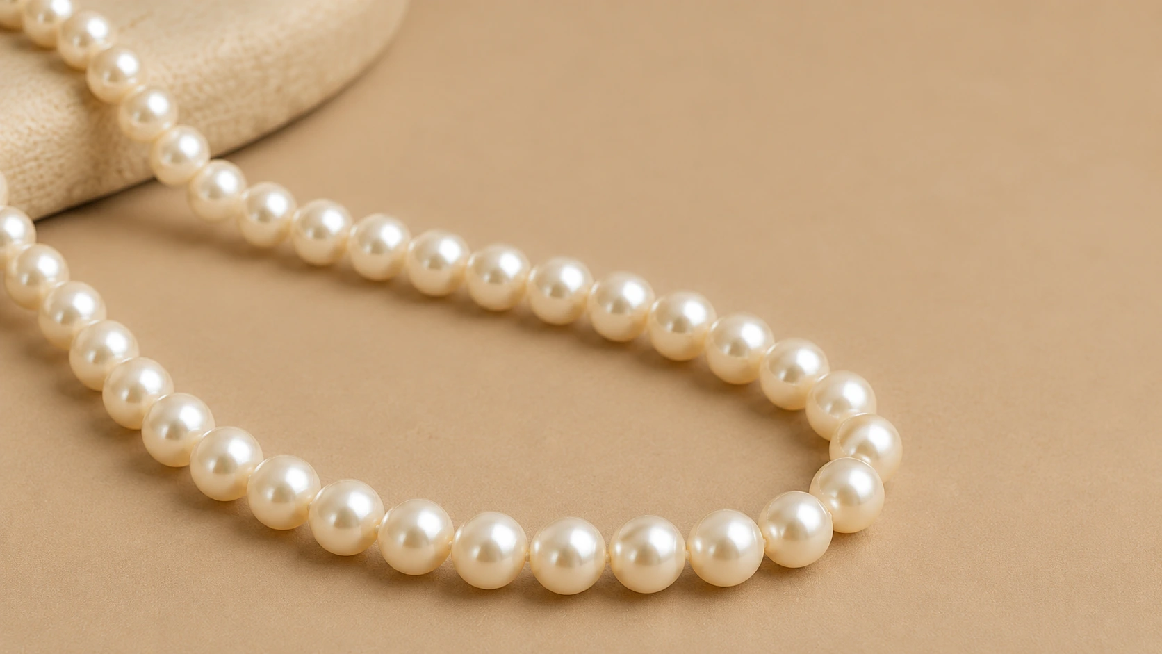 Traditional imitation pearl moti mala on a neutral beige background