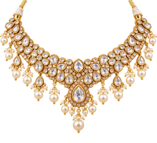 Elegant gold Kundan necklace with crystal stones and white pearl drops